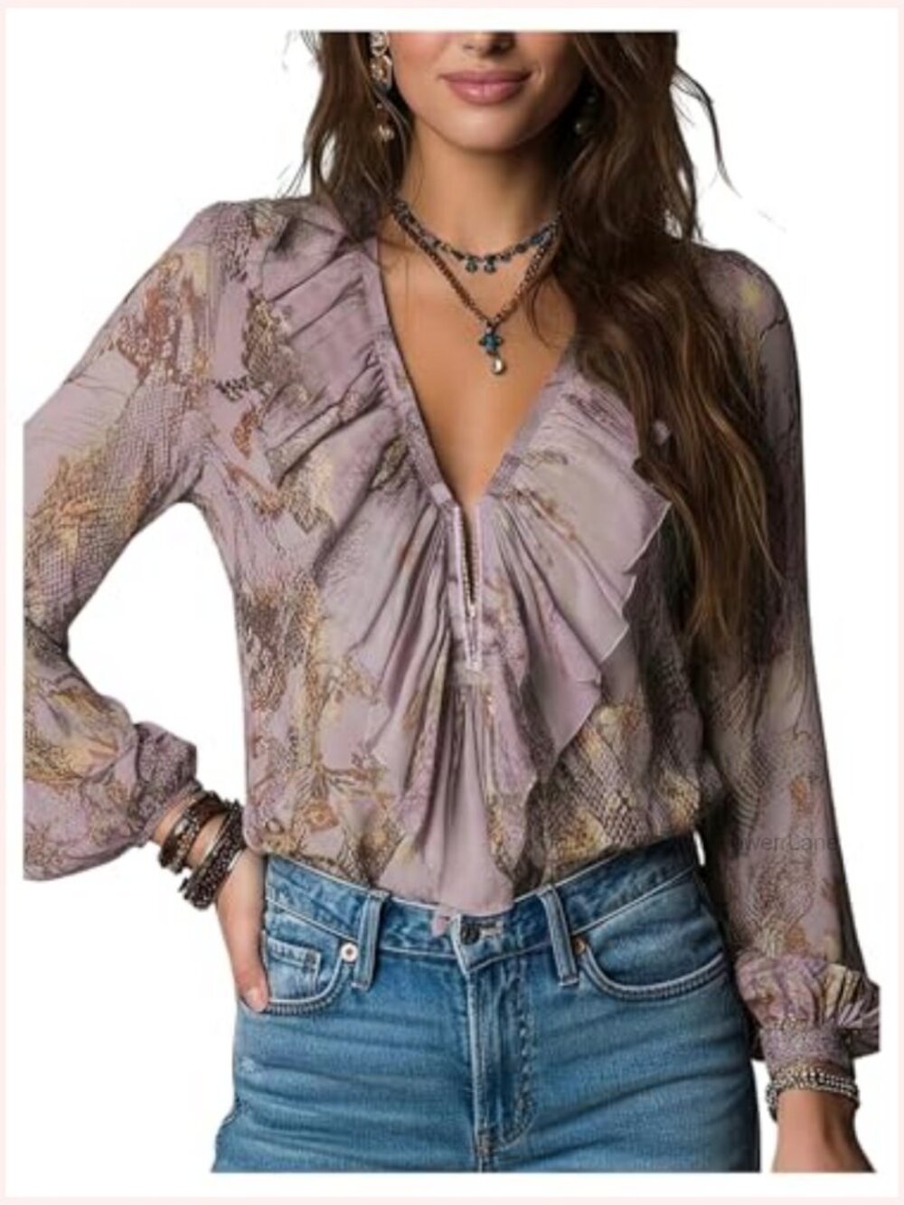 Ruffle V Neck Blouse Printed Zip Up Lantern Long Sleeve Chiffon Top - Picture 3 of 5
